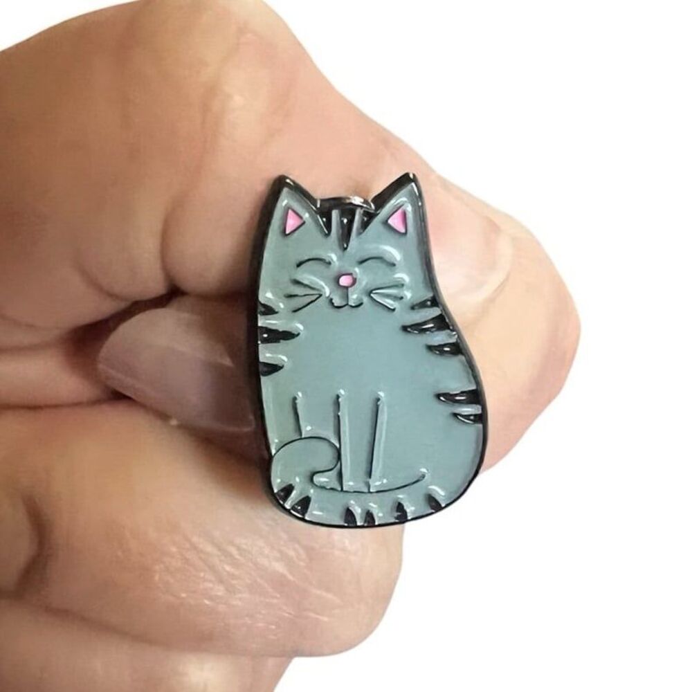 Gray Kitty Russian Blue Cat Lover Smiley Face Enamel Pin